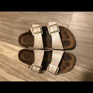 White opalescent snakeskin Birkenstocks